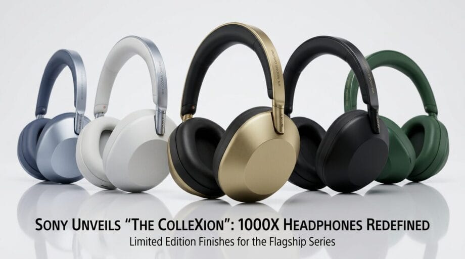 Five Sony 1000X headphones in silver, white, gold, black, and green are displayed on a reflective surface with promotional text.