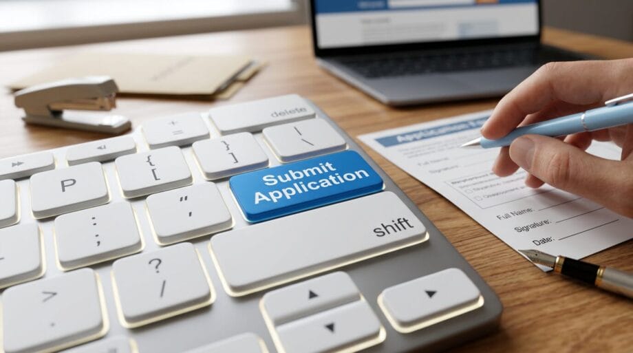 A person fills out an application form next to a keyboard with a highlighted Submit Application key and an open laptop.