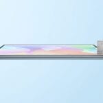 A smartphone is held sideways as a ruler measures its thinness against a light blue background.
