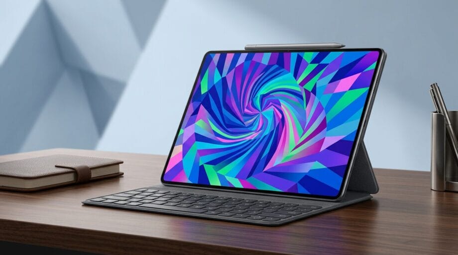A tablet with a colorful geometric display sits on a desk with a keyboard, stylus, notebook, and pen holder nearby.