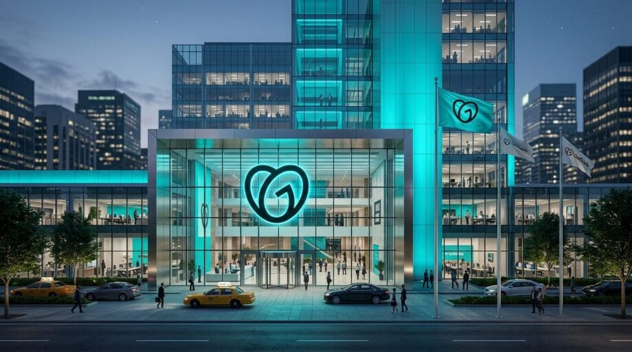 Modern glass office building at dusk with a heart-shaped logo, people at the entrance, and taxis parked along the street.