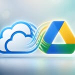 Illustration of the OneDrive and the Google Drive logos connected by colorful lines, symbolizing cloud storage or file transfer.