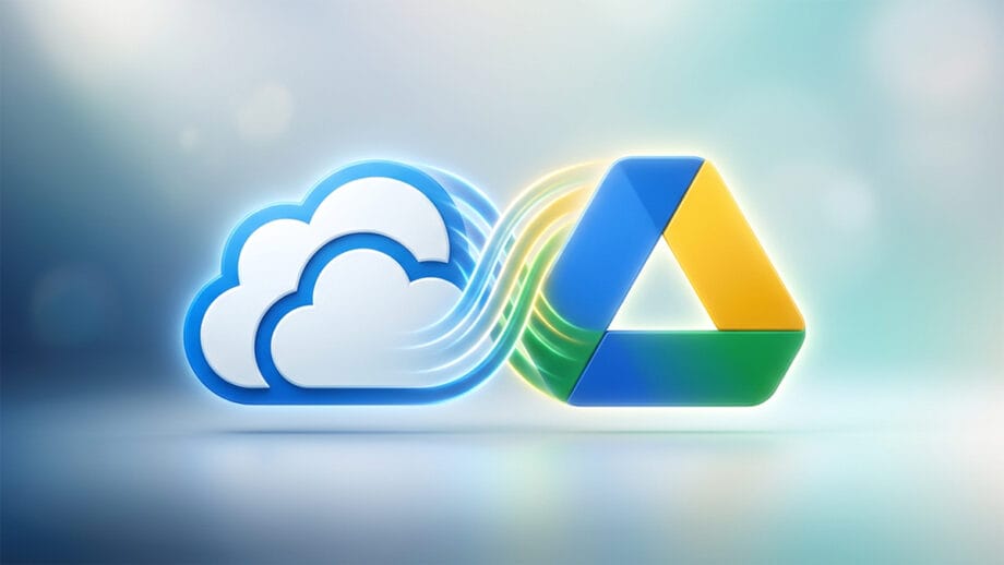 Illustration of the OneDrive and the Google Drive logos connected by colorful lines, symbolizing cloud storage or file transfer.